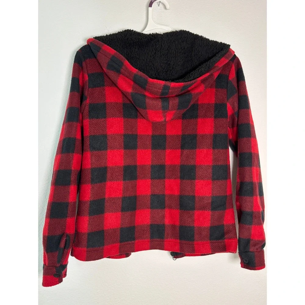 PD&C Boys Buffalo Plaid Fleece Sherpa Lined Zip Up Hooded Jacket Red Black 14/16